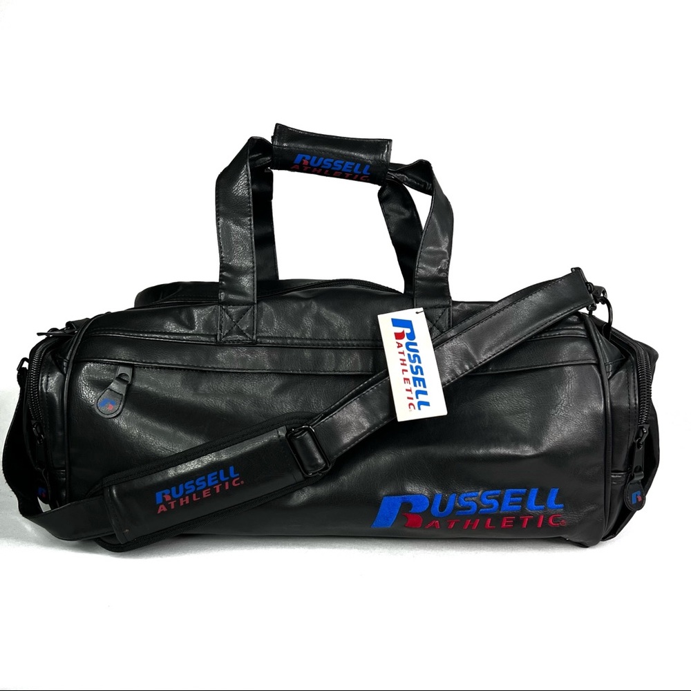 RARE Russell Ahletics DEADSTOCK Vintage Black Leather Duffel Bag Travel Gym